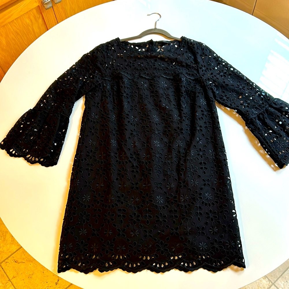 J Crew Women’s black eyelet dress with bell sleeves.  Size 10p